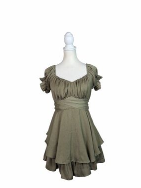 Cellecci Olive Green Ruffle Puff Sleeve Tiered Mini Dress Cottagecore Size Large